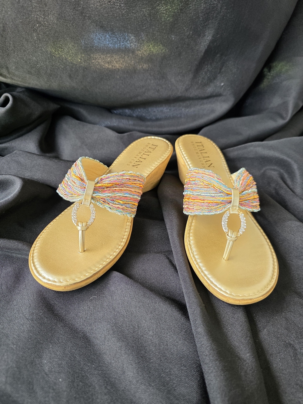 Italian Shoemakers Gold Sandal with Multicolor Bow Accent